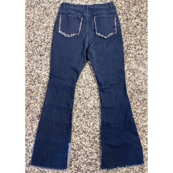 Women’s Blue Patchwork Flare Jeans XXL Multi-Color Denim High Waist Frayed Hem - Picture 2 of 7